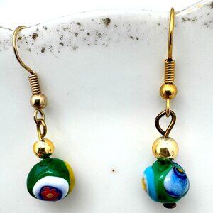 Venice Murano Millefiori Mosaic Glass Bead Dangle Earrings Gold-Tone Hooks